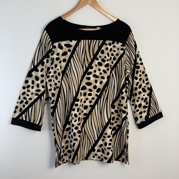 Bob Mackie Wearable Art Black Tan Mixed Print Tunic Top Sz M - Picture 1 of 12